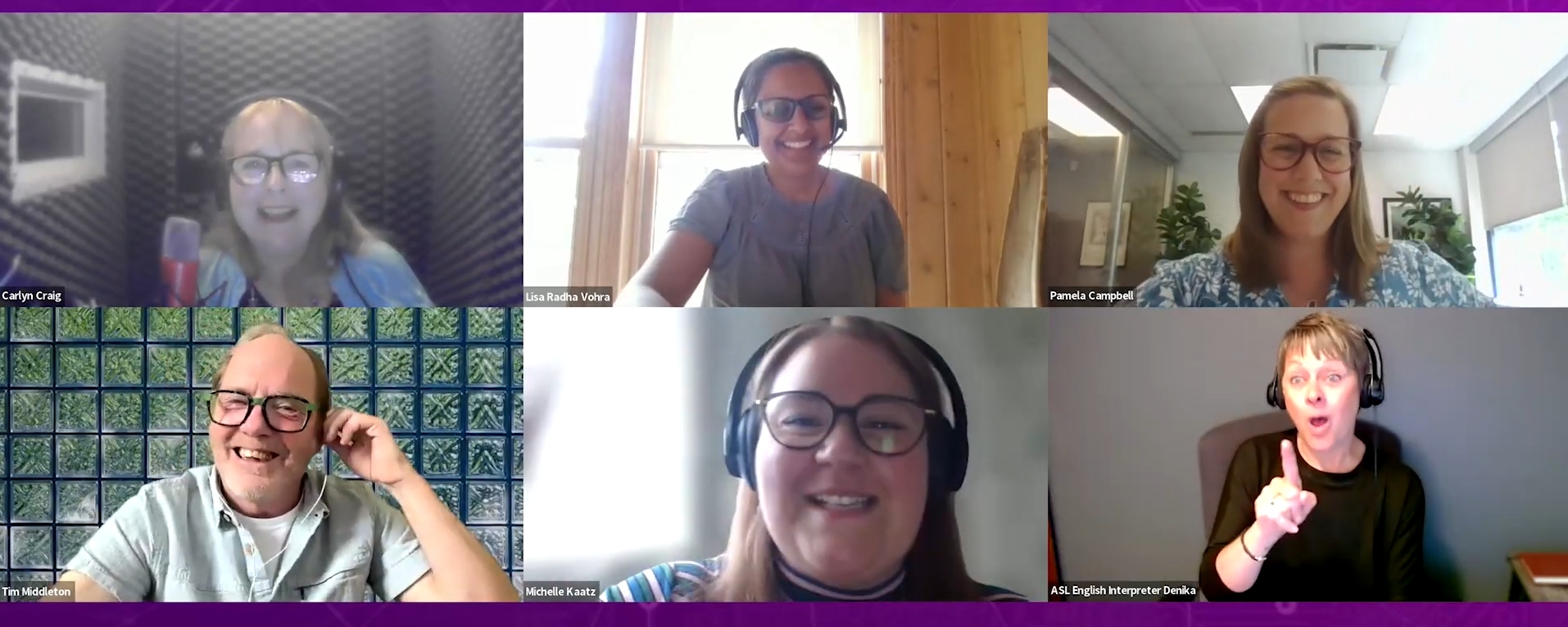 Screen capture from the recording of the Listening in panel showing all panelists on camera smiling